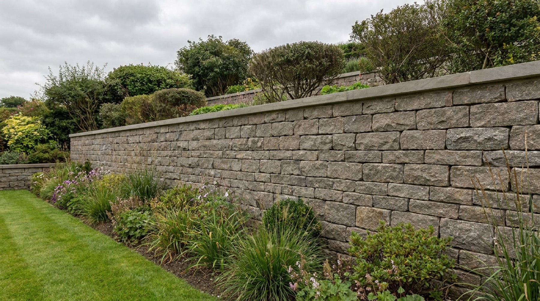 Natursteinmauer im Garten bei bedecktem Himmel