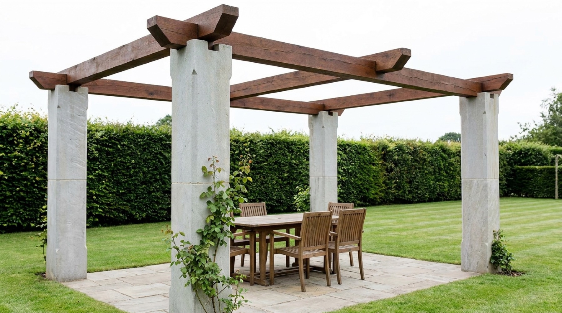Gartenpergola mit Natursteinstützen und Kastanienholz bei bedecktem Himmel