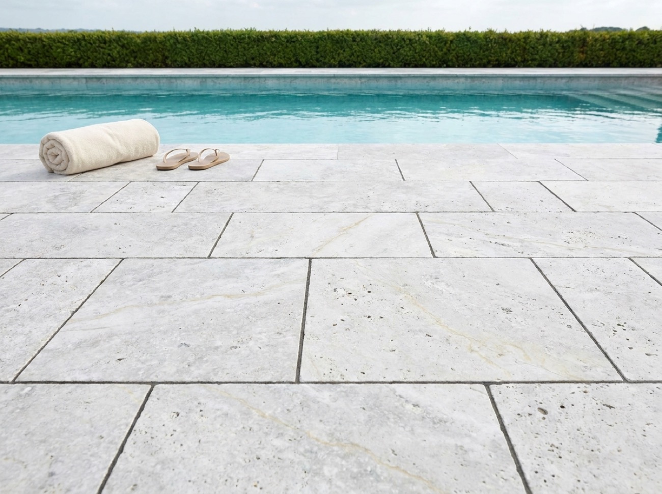 Poolterrasse aus Travertin im römischen Verband