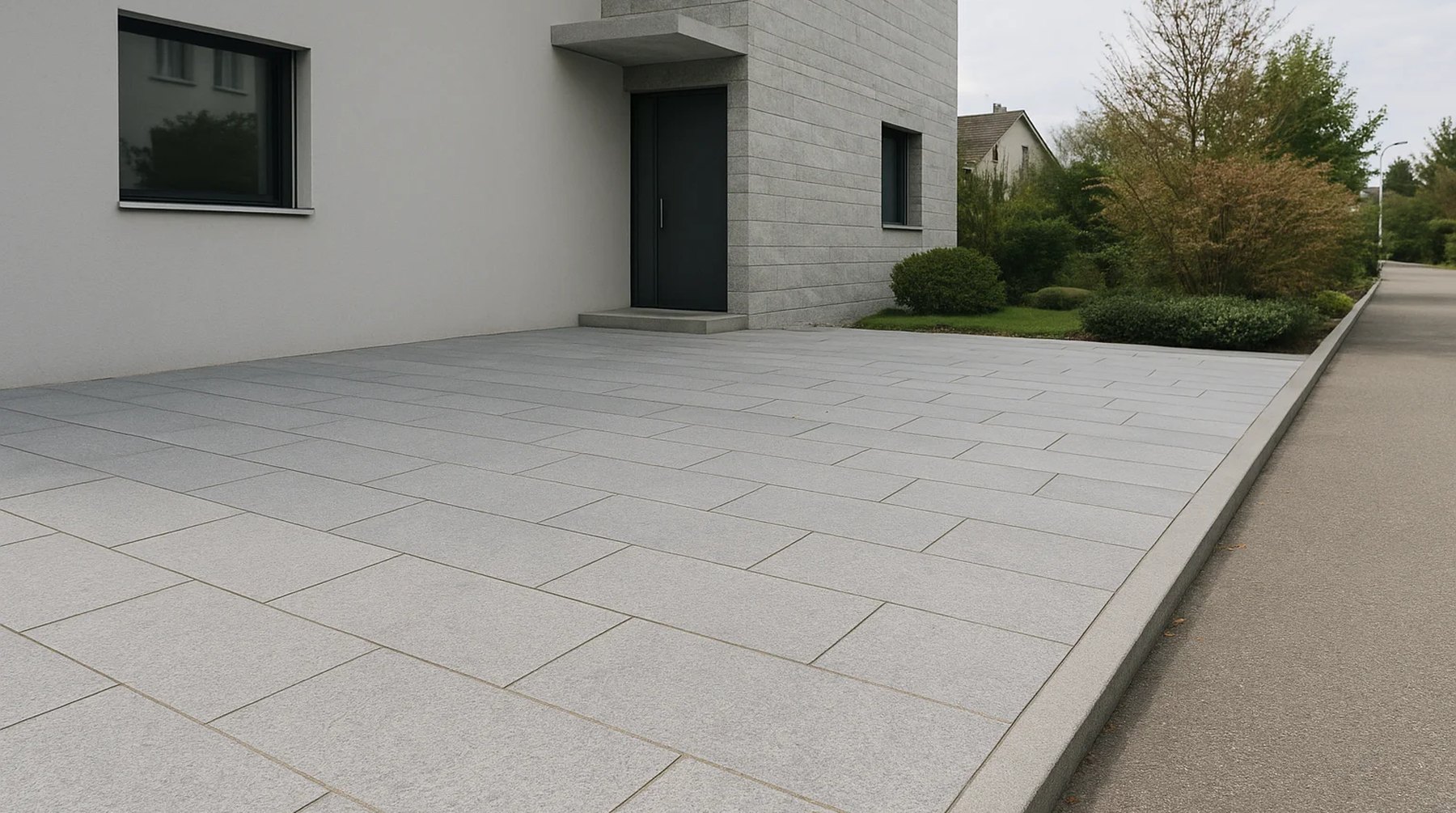 Naturstein-Vorplatz mit sauberem Randabschluss entlang der Einfahrt