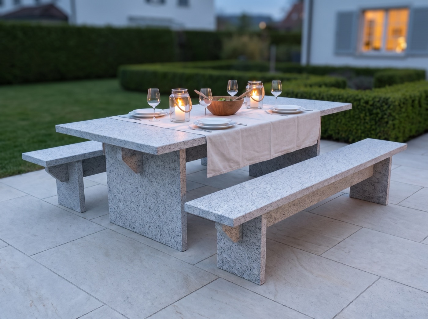 Abendessen am Gartentisch aus Naturstein — Sitzgruppe im Garten