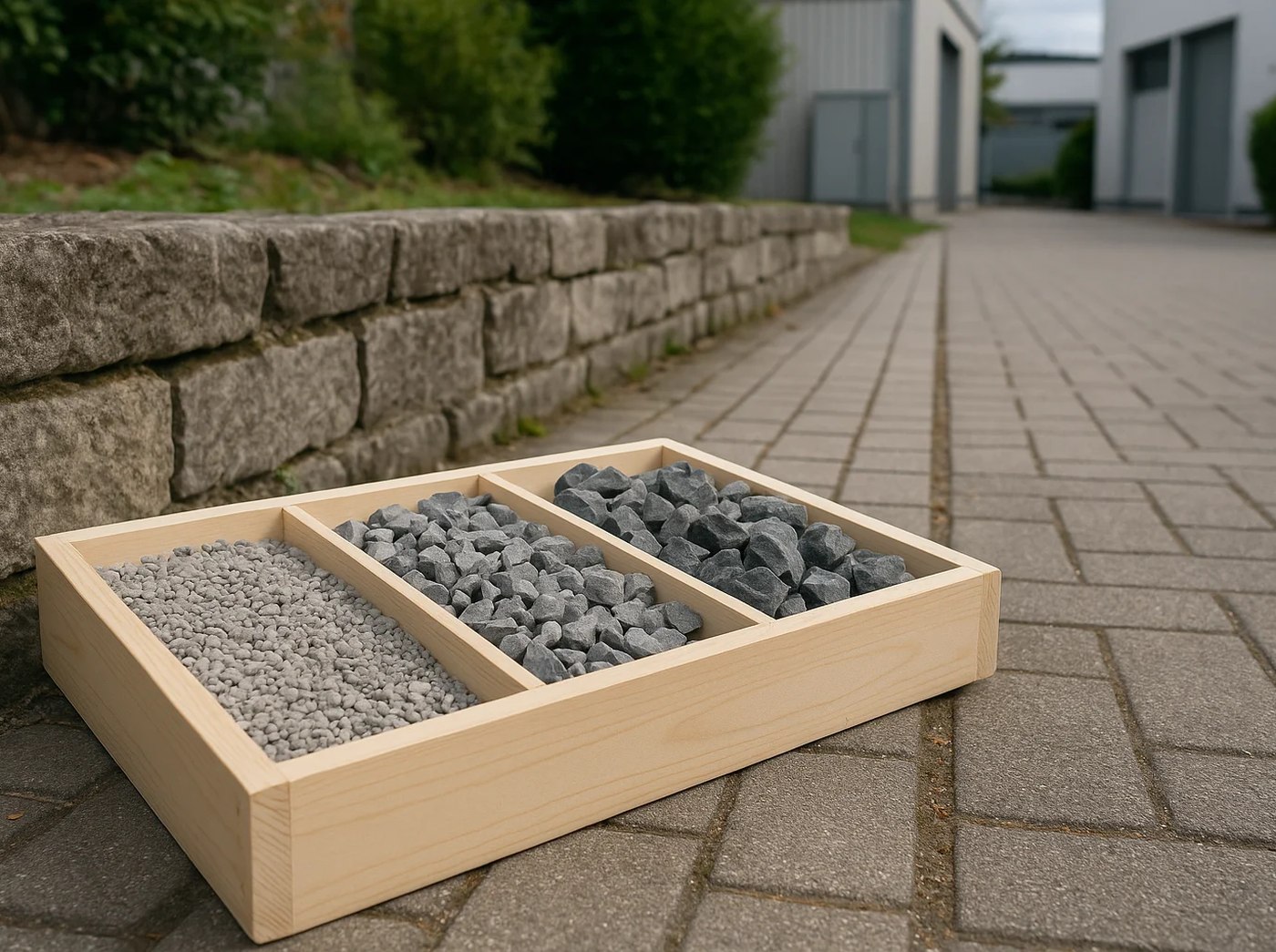 Splitt, Kies und Schotter in Musterfächern zum Vergleich