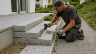Naturstein-Blockstufen in einer modernen Gartenanlage mit Übergang zu Terrasse und Gartenweg