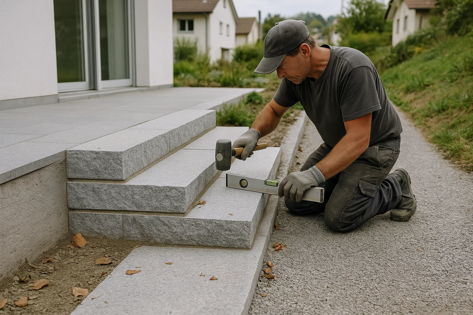 Naturstein-Blockstufen in einer modernen Gartenanlage mit Übergang zu Terrasse und Gartenweg