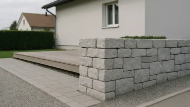 Naturstein-Gartenmauer als harmonische Begrenzung vor einem modernen Einfamilienhaus mit Terrasse und Bepflanzung