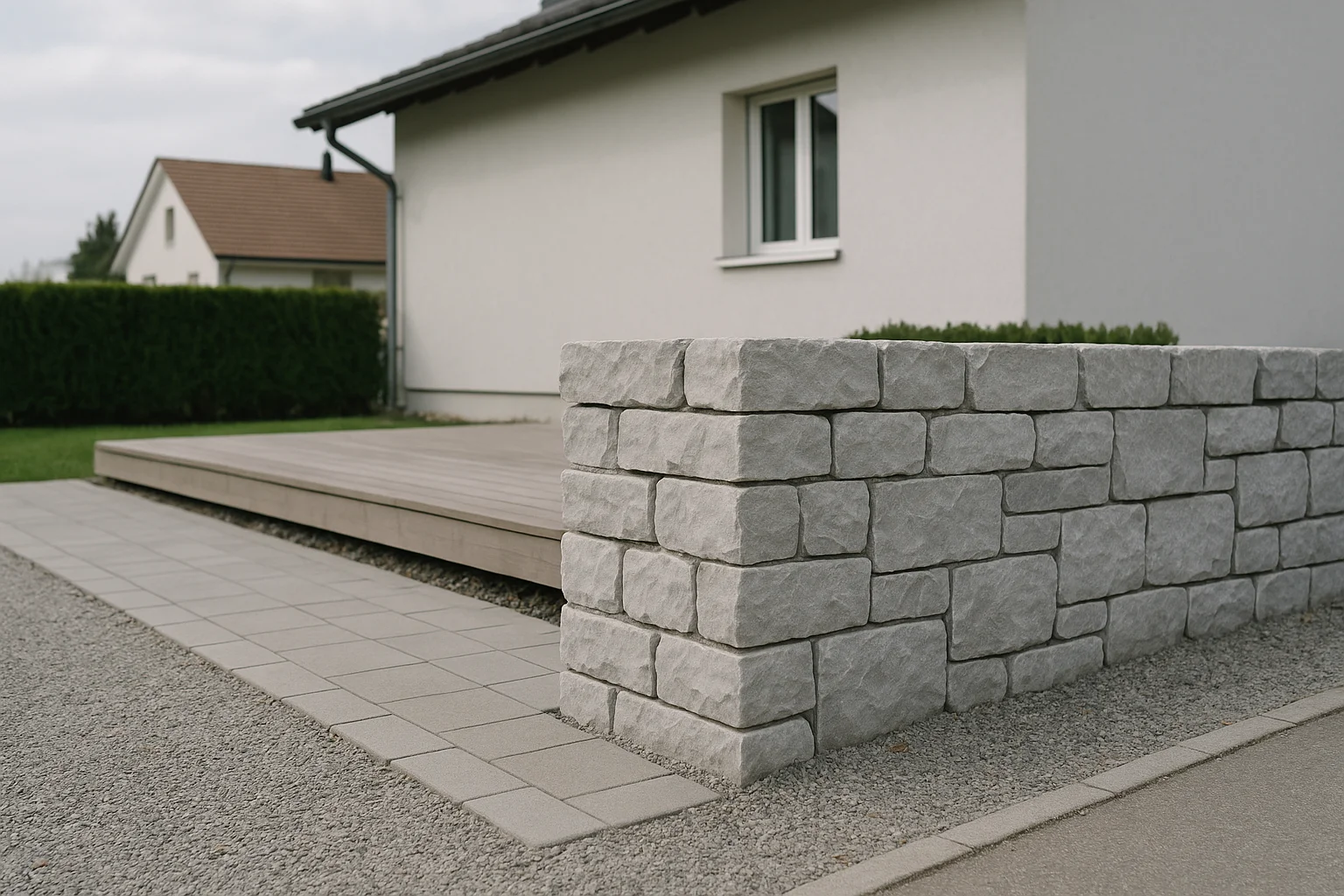 Naturstein-Gartenmauer als harmonische Begrenzung vor einem modernen Einfamilienhaus mit Terrasse und Bepflanzung