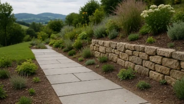 Naturstein-Gartenweg mit klaren Platten und harmonischer Einbindung in den Schweizer Garten