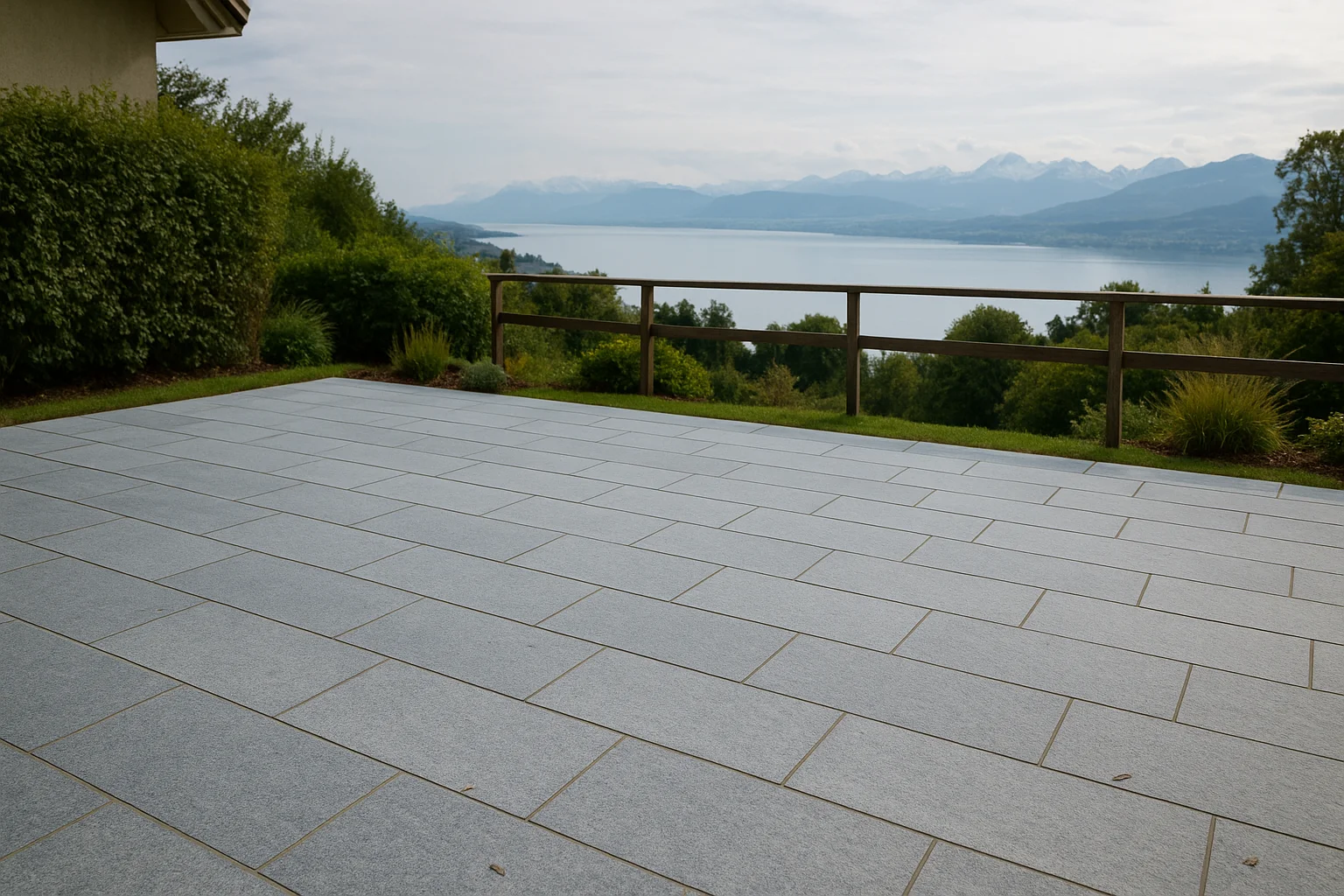 Grosse Terrasse mit Natursteinplatten und ruhigem Verlegebild in modernem Garten