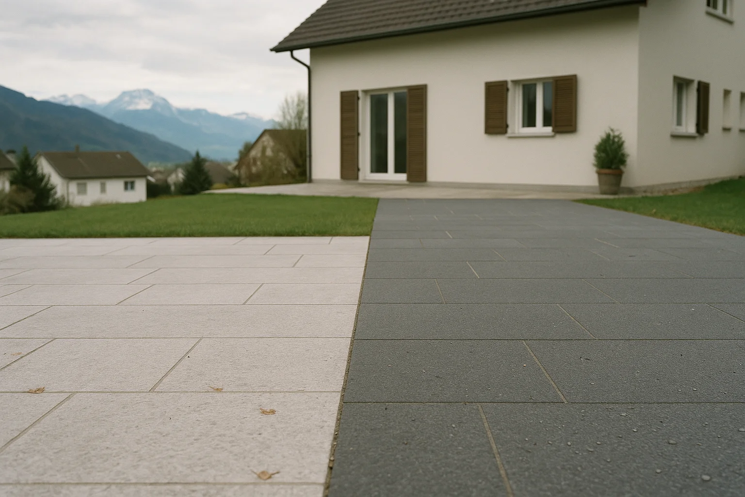 Helle und dunkle Naturstein-Terrassenplatten im Vergleich in einem gepflegten Garten