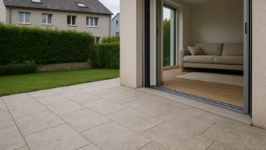 Naturstein-Terrasse mit fliessendem Übergang vom Wohnraum in den Garten