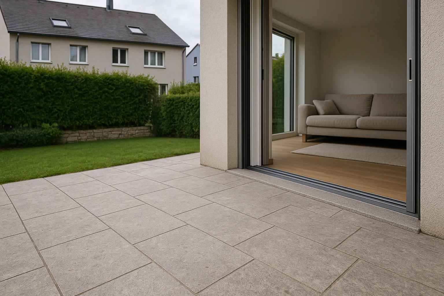Naturstein-Terrasse mit fliessendem Übergang vom Wohnraum in den Garten
