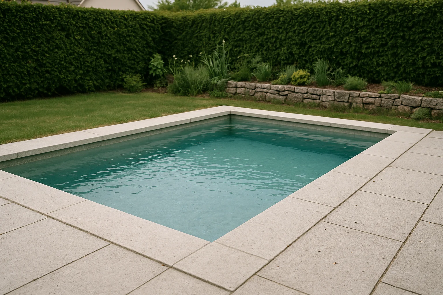 Kleiner Poolbereich mit heller Naturstein-Poolumrandung und ruhiger Gartenbepflanzung