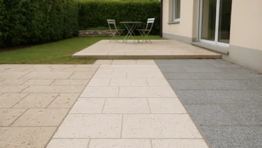 Natursteinterrasse mit Muschelkalk, Travertin und Granit im Vergleich zu verschiedenen Gartenstilen