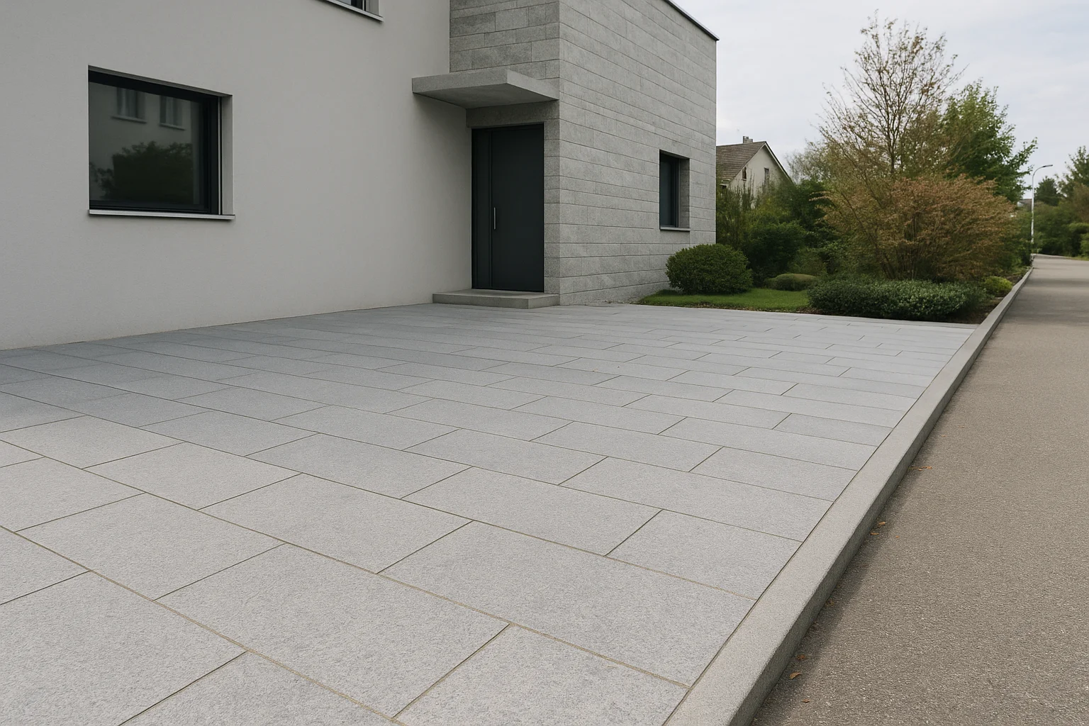 Natursteinbelag für eine repräsentative Einfahrt und einen Vorplatz vor einem modernen Gebäude in der Schweiz
