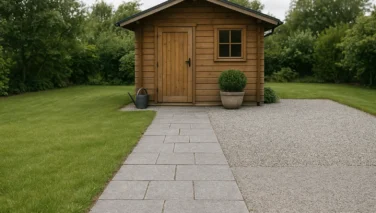 Gartenhaus mit Natursteinweg, kleinem Vorplatz und harmonischen Übergängen zu Rasen und Kies