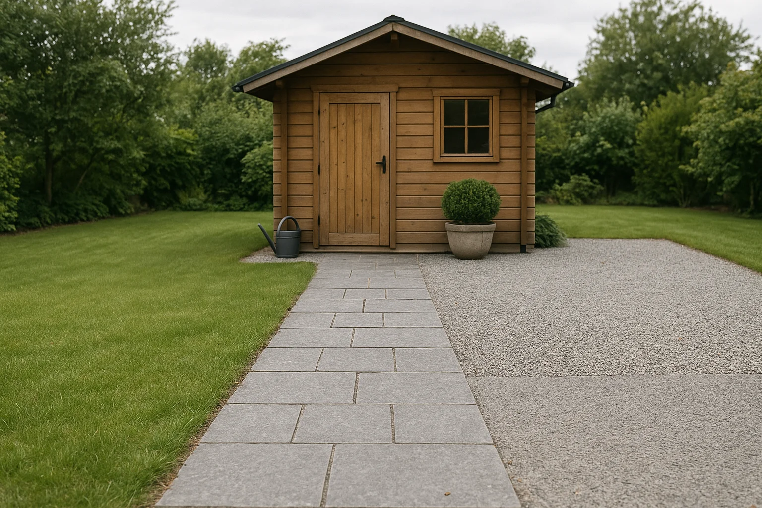 Gartenhaus mit Natursteinweg, kleinem Vorplatz und harmonischen Übergängen zu Rasen und Kies