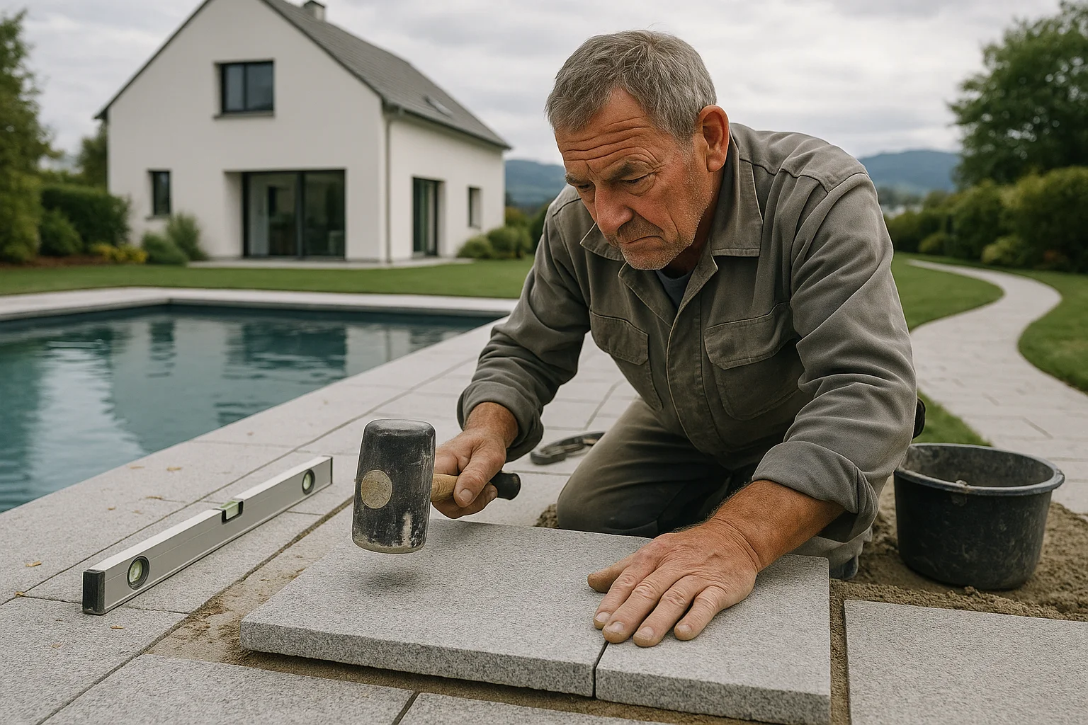 Stimmig gestalteter Aussenbereich mit Naturstein an Poolumrandung, Terrasse und Gartenweg