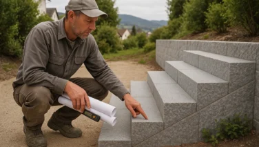Naturstein-Hanglage mit Blockstufen, Mauersteinen und Belägen in einem abgestuften Garten