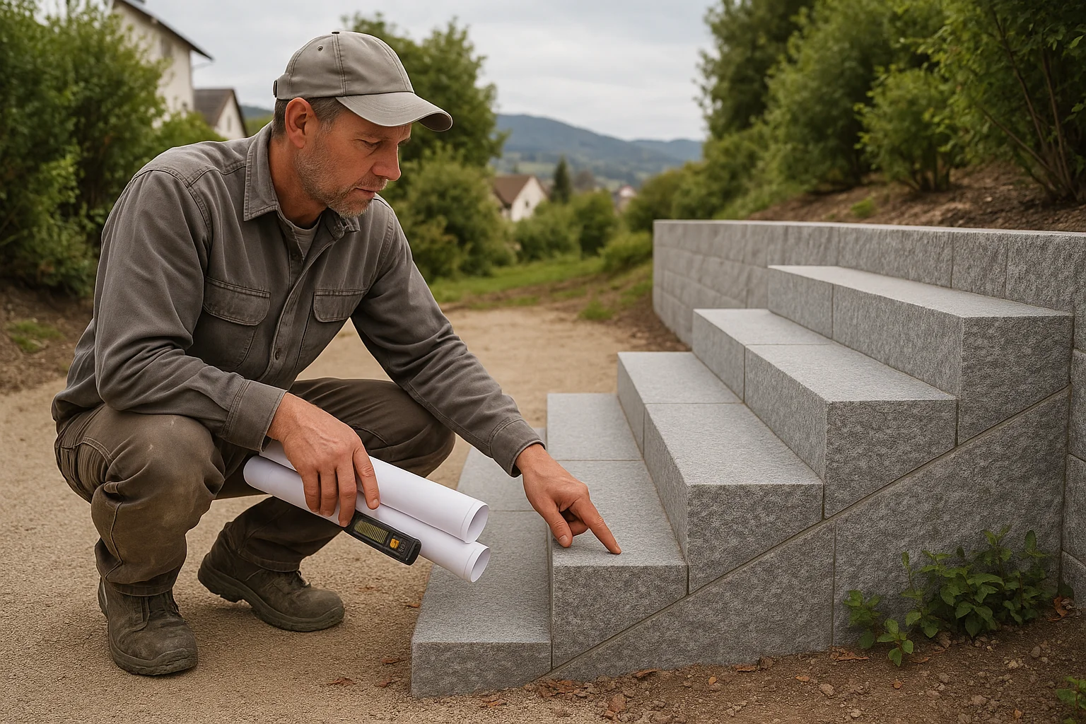 Naturstein-Hanglage mit Blockstufen, Mauersteinen und Belägen in einem abgestuften Garten