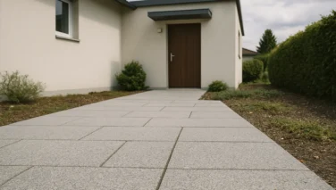 Moderner Hauseingang mit Natursteinplatten und gepflegtem Vorplatz vor einer Haustür