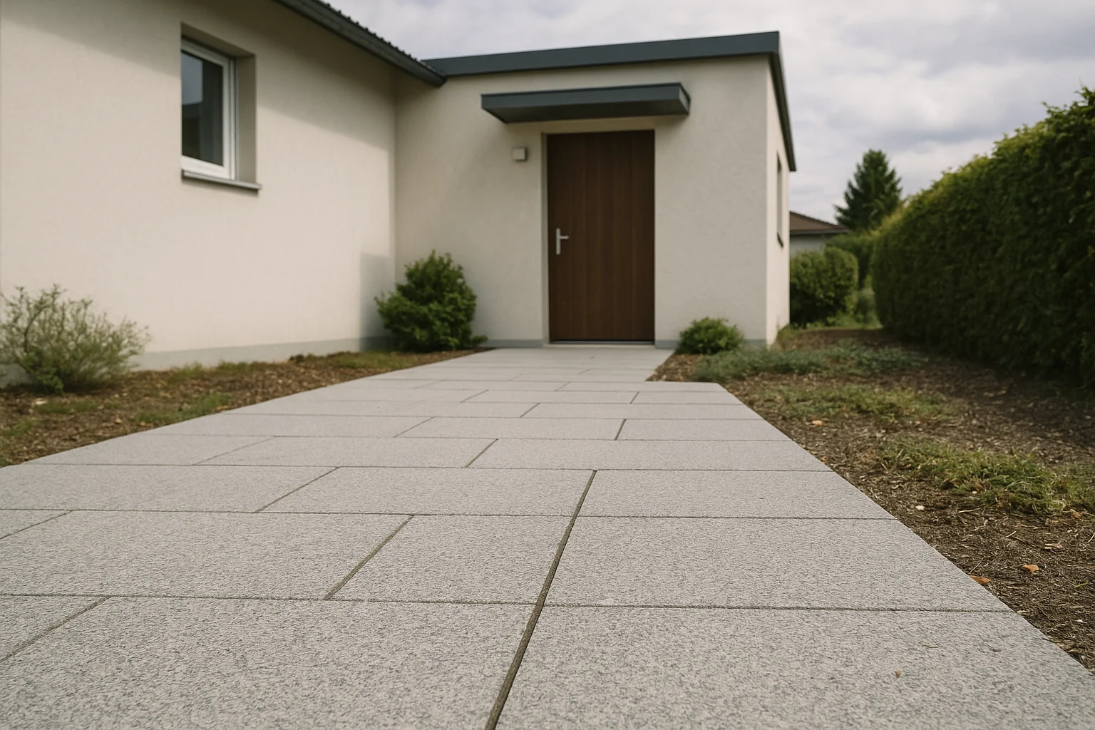Moderner Hauseingang mit Natursteinplatten und gepflegtem Vorplatz vor einer Haustür