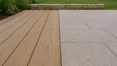 Terrasse im Garten mit Holzdeck und hellen Natursteinplatten in harmonischer Kombination