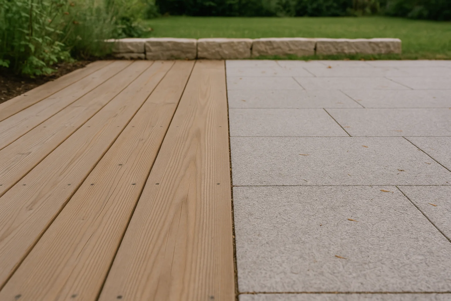 Terrasse im Garten mit Holzdeck und hellen Natursteinplatten in harmonischer Kombination