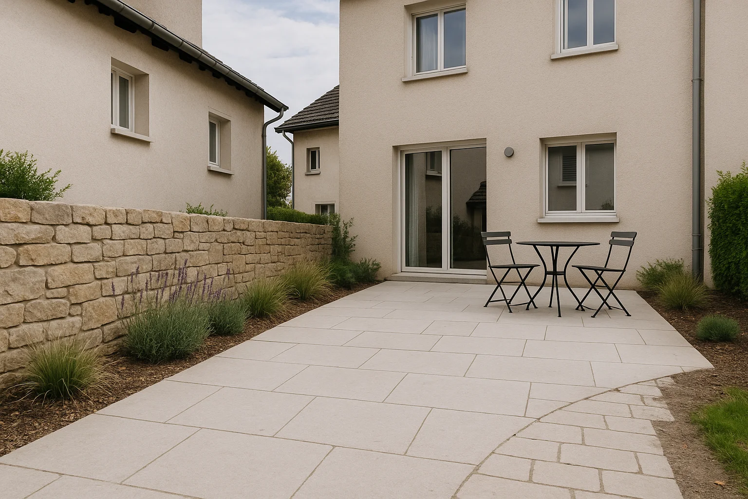 Gestalteter Innenhof mit Natursteinplatten, Sitzplatz und dezenten Pflanzakzenten