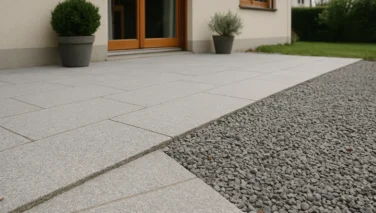 Natursteinplatten und Kiesfläche im Garten als harmonischer Materialmix