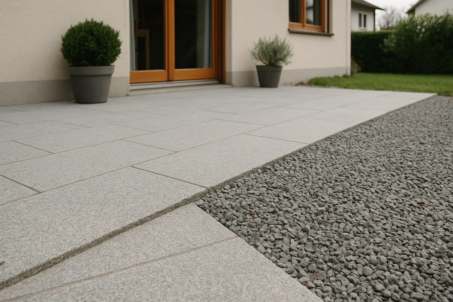 Natursteinplatten und Kiesfläche im Garten als harmonischer Materialmix