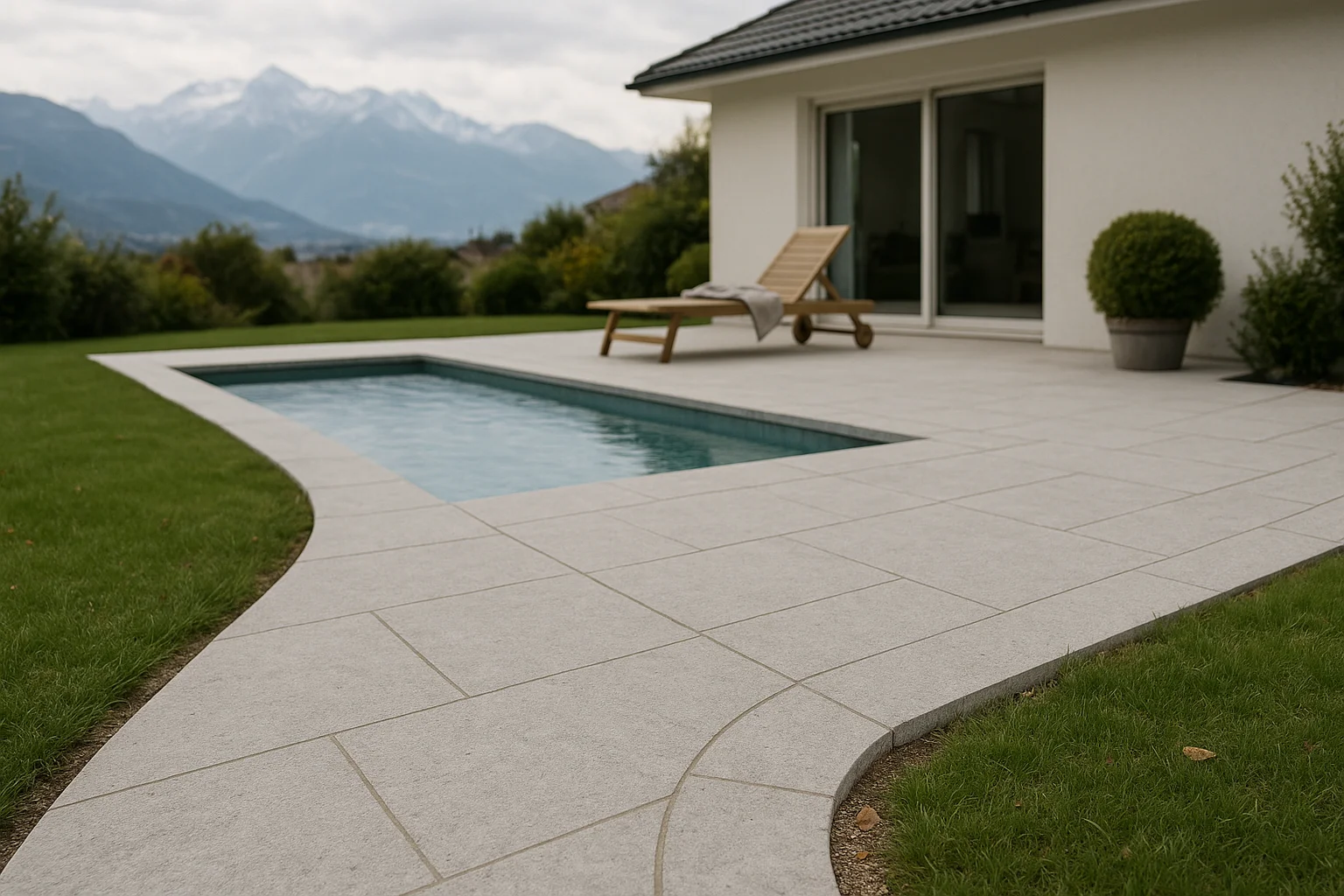 Harmonisch gestalteter Schweizer Garten mit Naturstein-Terrasse, Poolumrandung und Gartenweg
