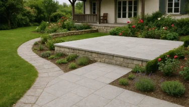 Landhausgarten mit Naturstein-Terrasse, Natursteinweg und klassischer Bepflanzung