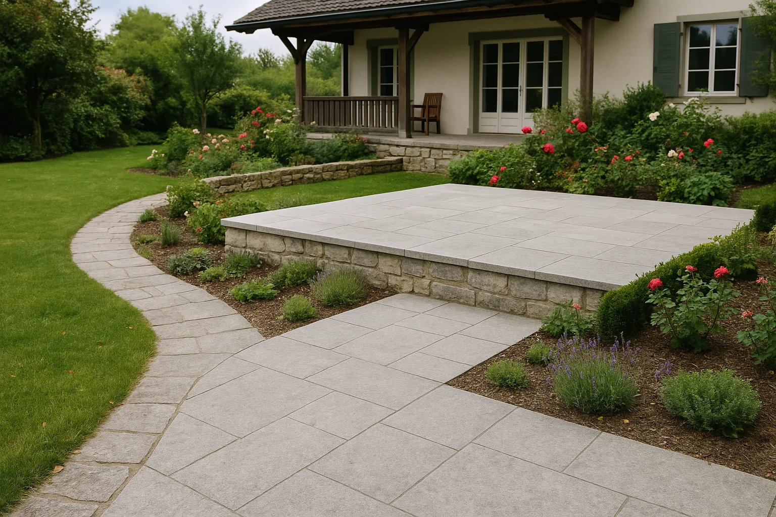 Landhausgarten mit Naturstein-Terrasse, Natursteinweg und klassischer Bepflanzung