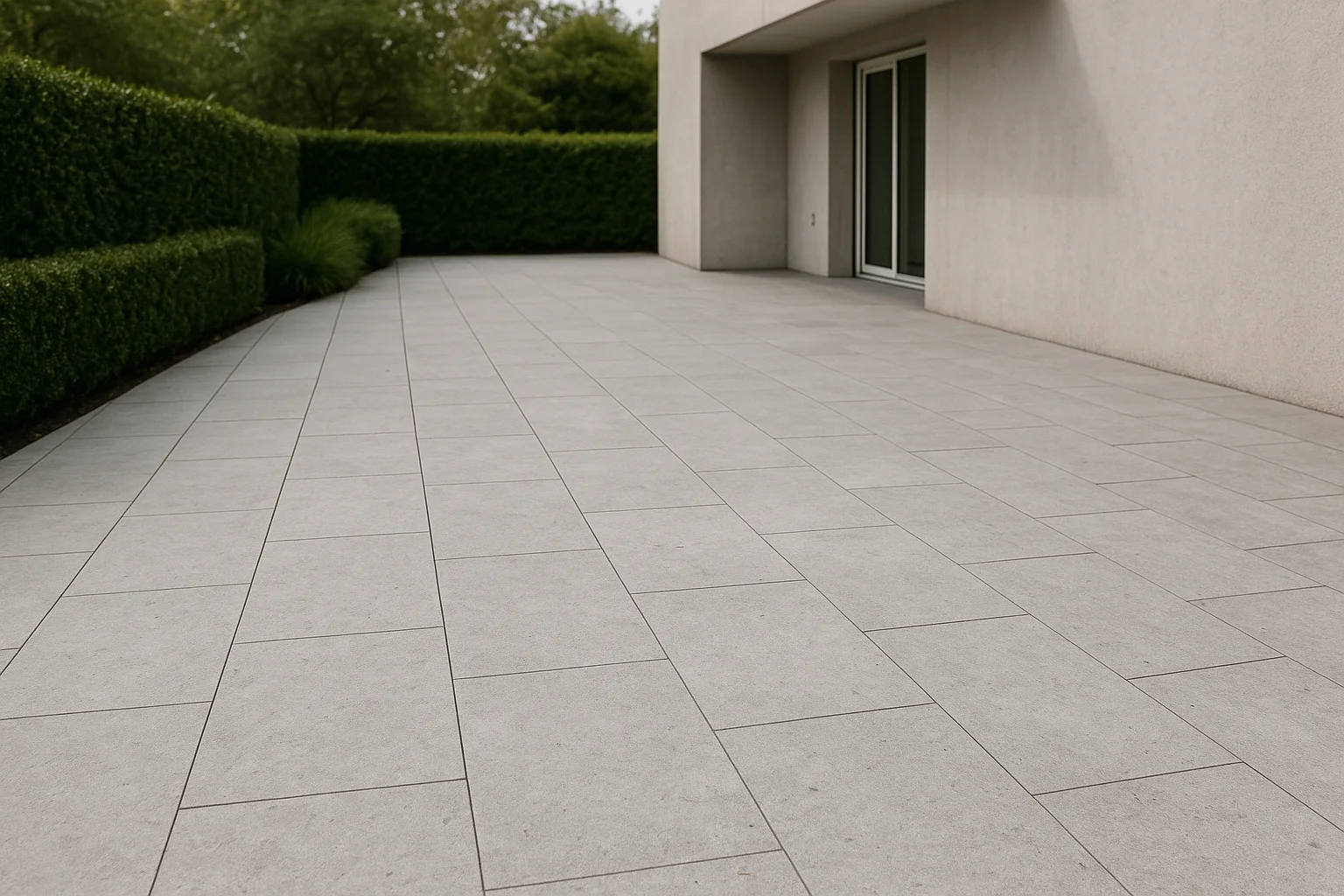 Moderne Aussenanlage mit grossformatigen Natursteinplatten und ruhiger Gestaltung
