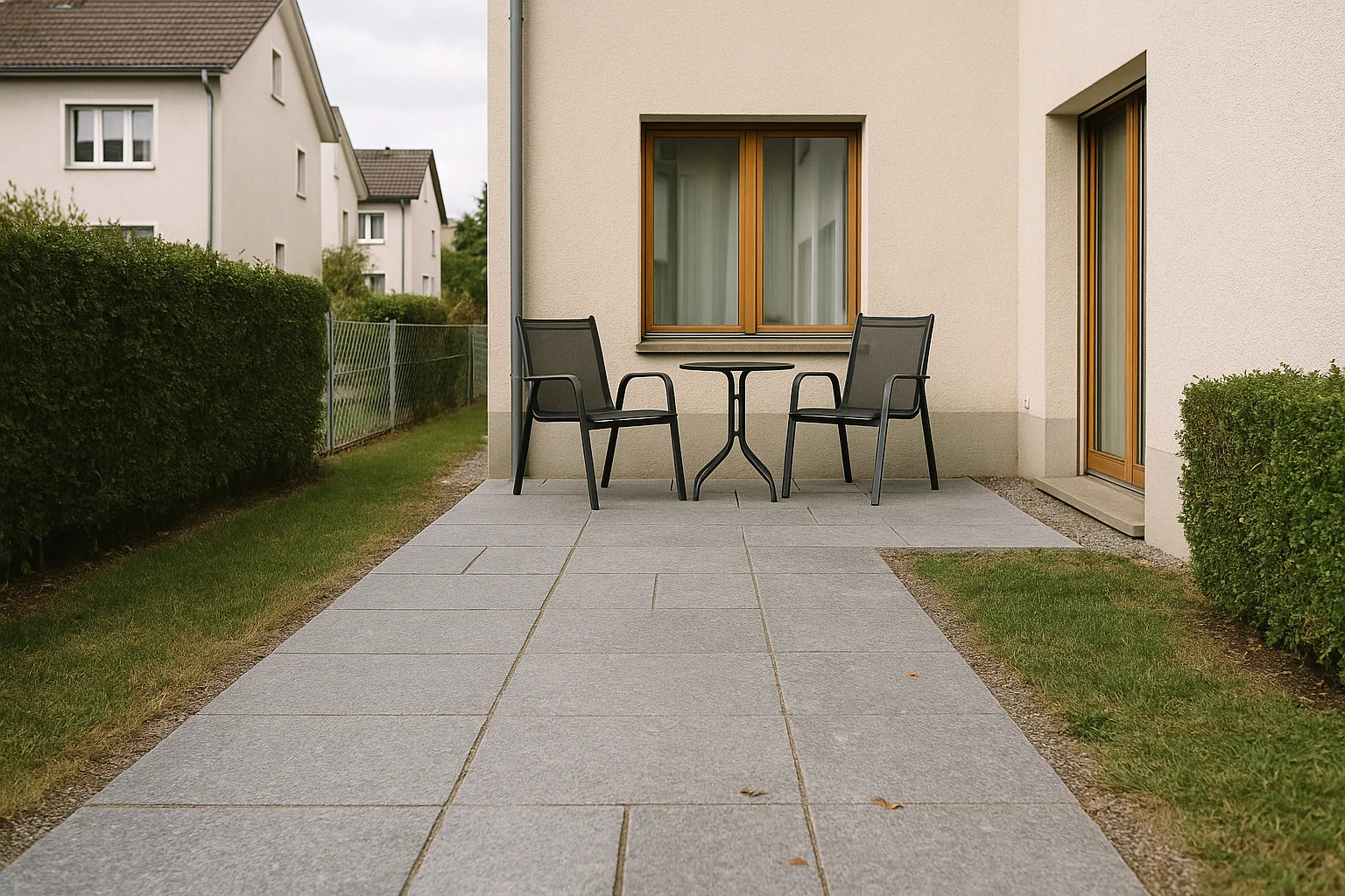 Moderner Reihenhausgarten mit Naturstein-Terrasse, schmalem Weg und klar gefasstem Sitzplatz