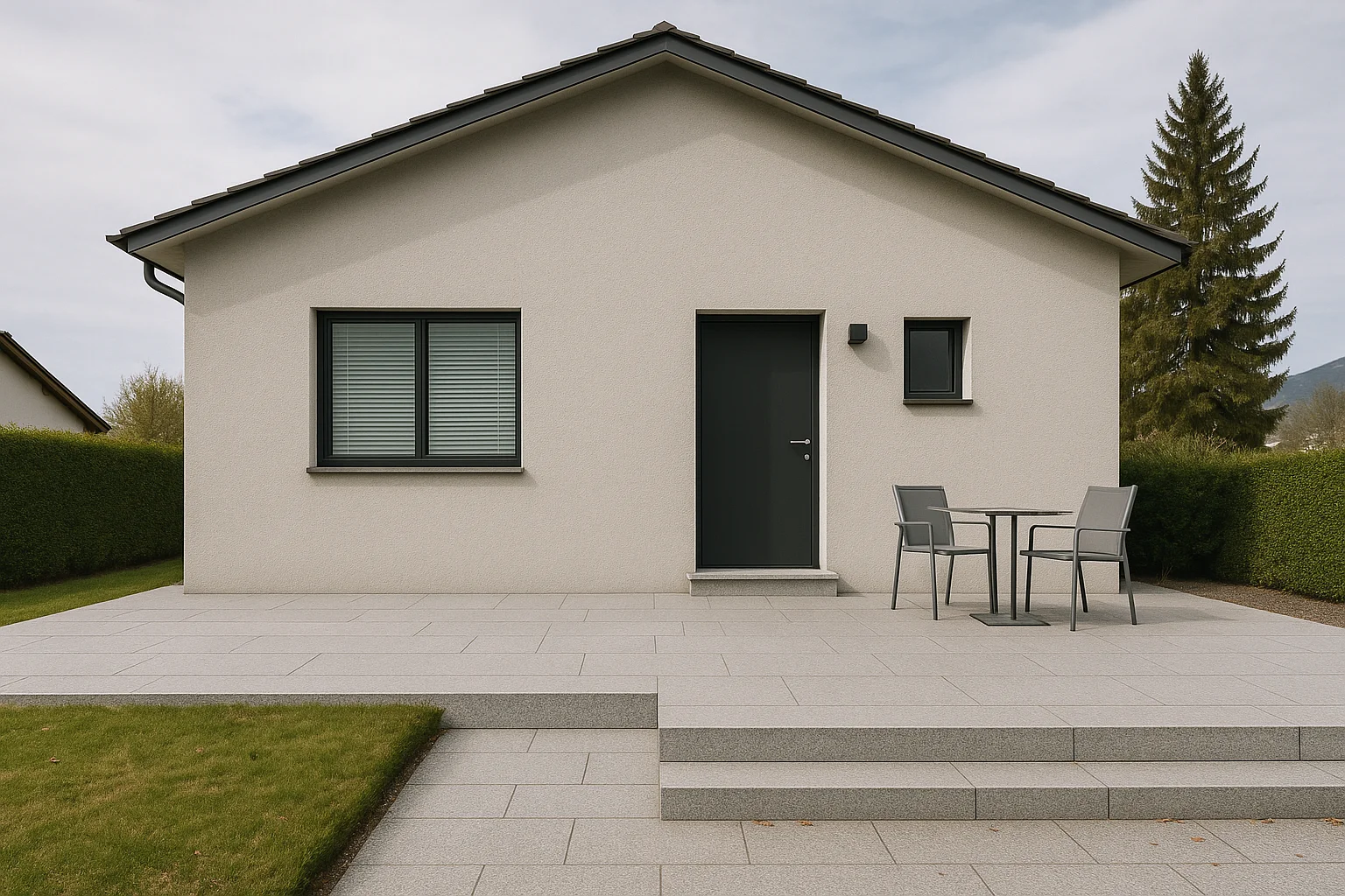 Moderne schlichte Hausfassade mit Naturstein auf Terrasse und Vorplatz