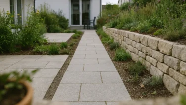 Schmaler Gartenweg aus Naturstein mit ruhigen rechteckigen Platten entlang einer Terrasse