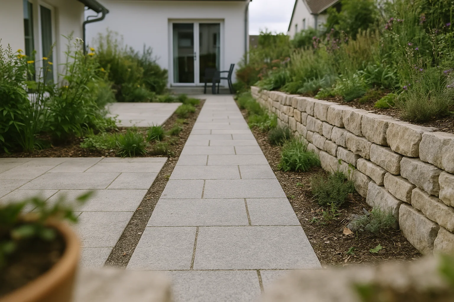 Schmaler Gartenweg aus Naturstein mit ruhigen rechteckigen Platten entlang einer Terrasse