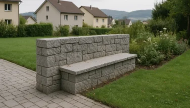 Naturstein-Sitzmauer im Garten neben Terrasse und Bepflanzung