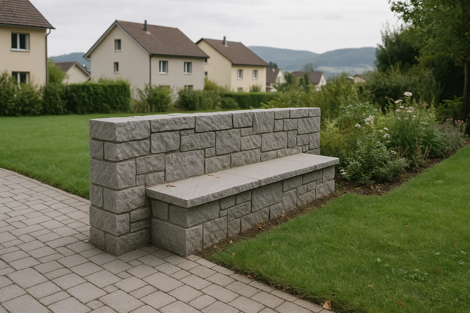 Naturstein-Sitzmauer im Garten neben Terrasse und Bepflanzung
