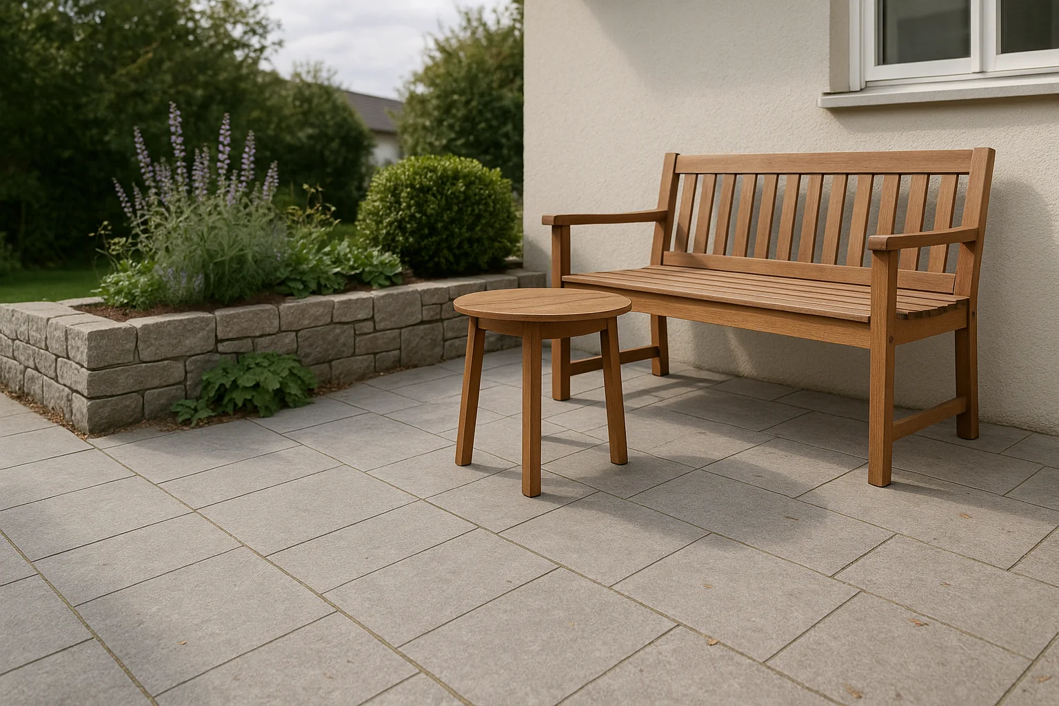 Stimmiger Sitzplatz im Garten mit Natursteinplatten, Pflanzen und Holzmöbeln