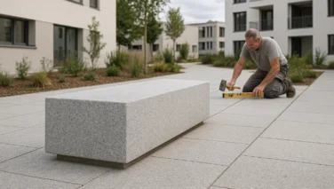 Naturstein-Sitzplatz mit grossformatigen Platten in einer modernen Aufenthaltszone im Aussenbereich