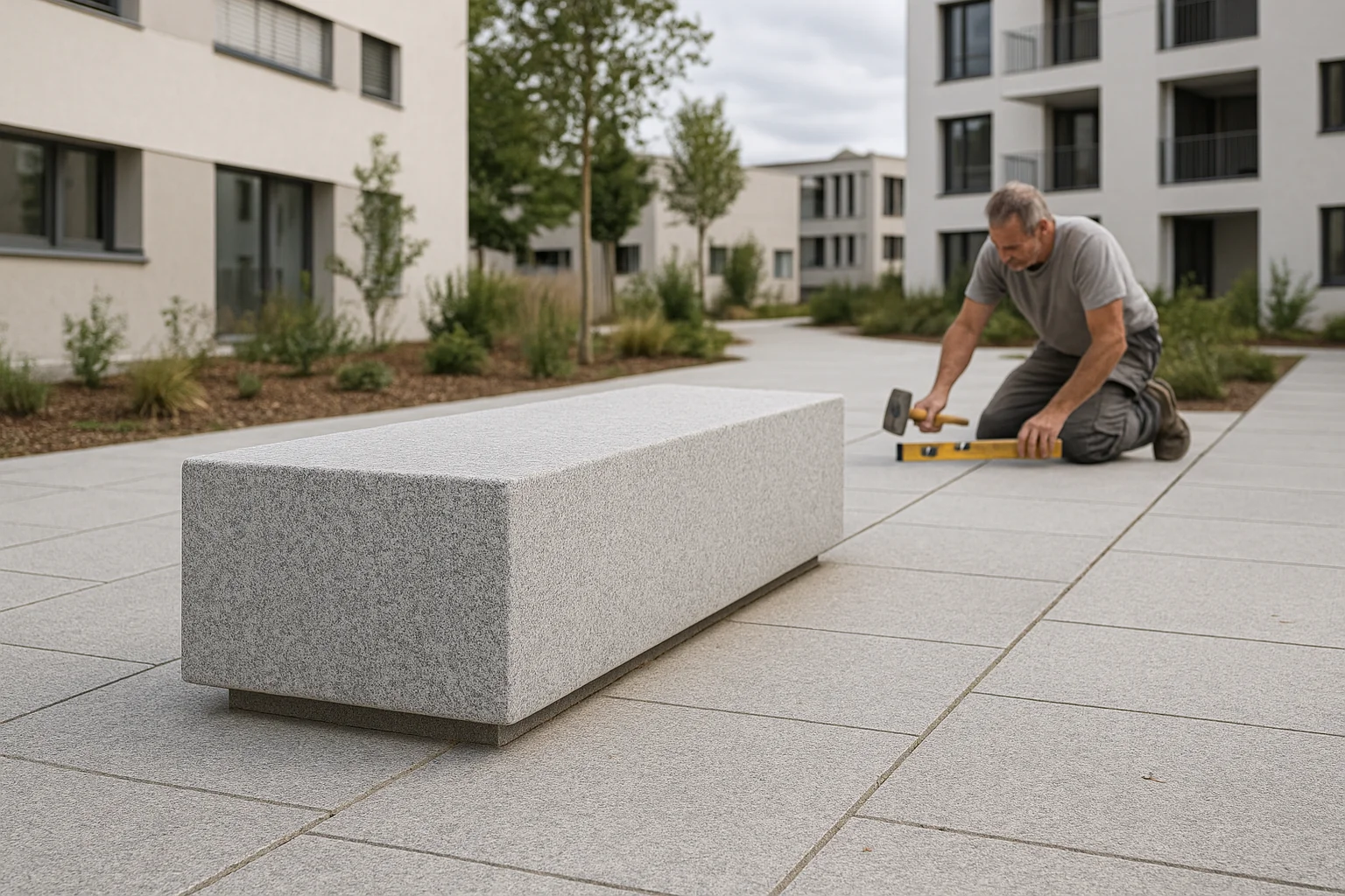 Naturstein-Sitzplatz mit grossformatigen Platten in einer modernen Aufenthaltszone im Aussenbereich