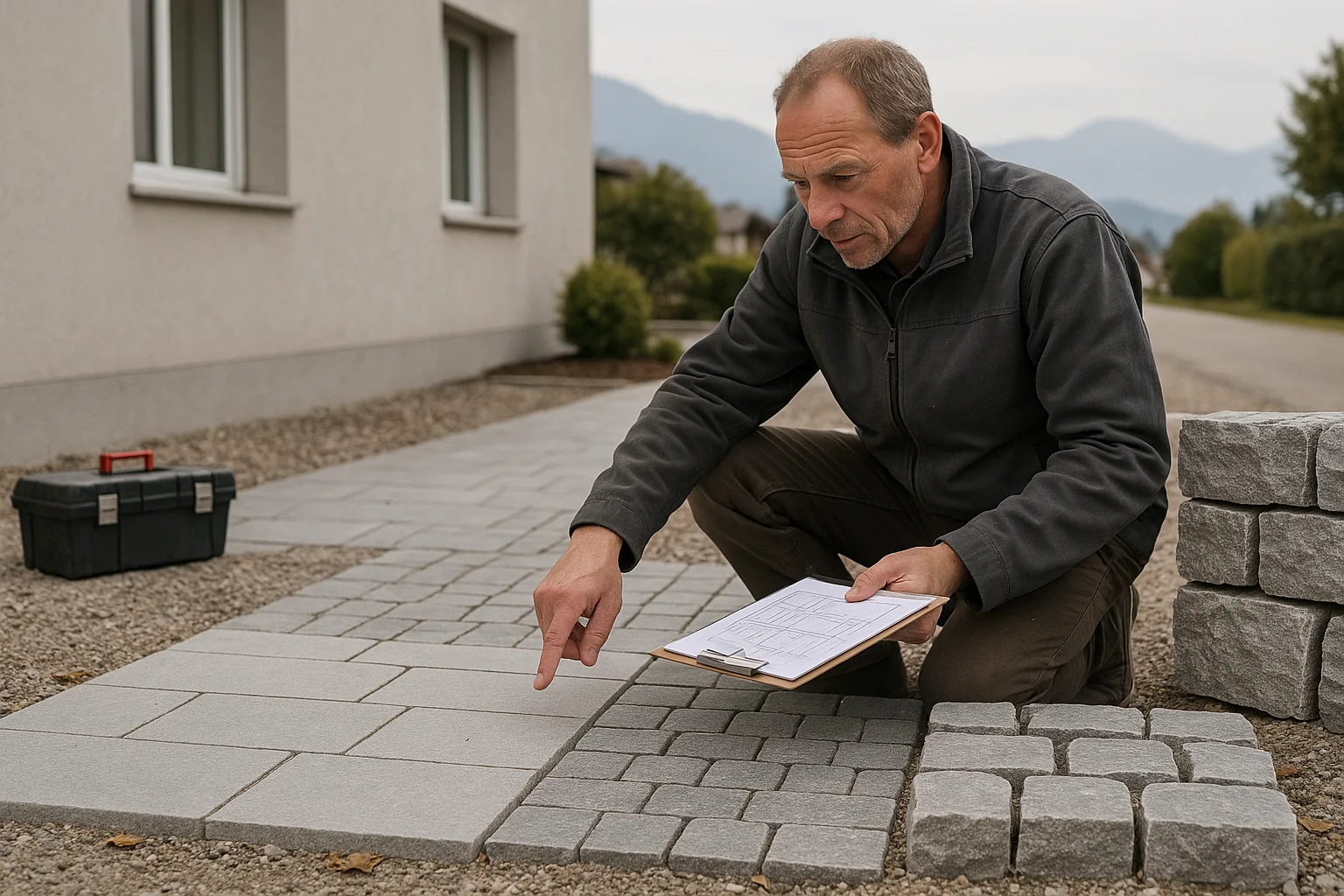 Beratung zu einem Naturstein-Sortiment im Gartenbau mit Platten, Pflaster und Mauersteinen für Aussenanlagen