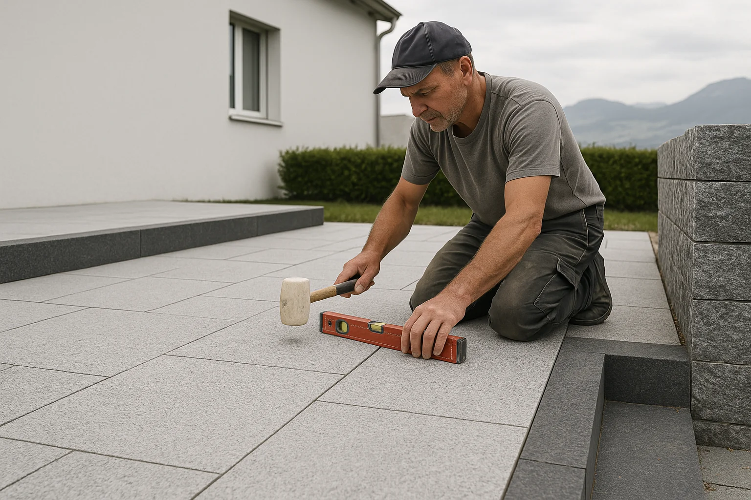 Natursteinprodukte für den Aussenbereich, darunter Platten, Stufen und Mauersteine, als kombinierbares Sortiment