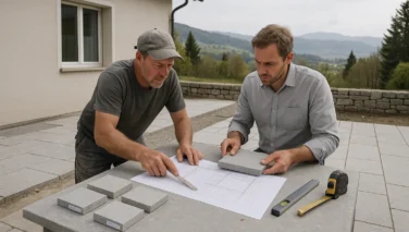 Beratungsgespräch zu Natursteinplatten für eine Terrasse mit Materialmustern und Plänen auf dem Tisch