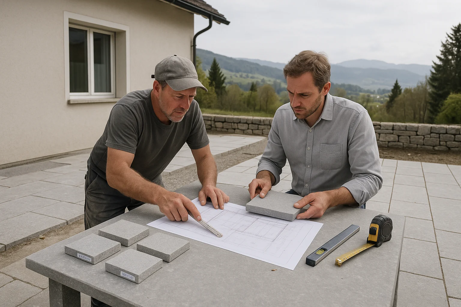 Beratungsgespräch zu Natursteinplatten für eine Terrasse mit Materialmustern und Plänen auf dem Tisch