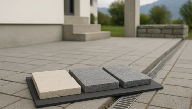Drei Natursteinplatten aus Travertin, Granit und Gneis im Vergleich für das Projektgeschäft