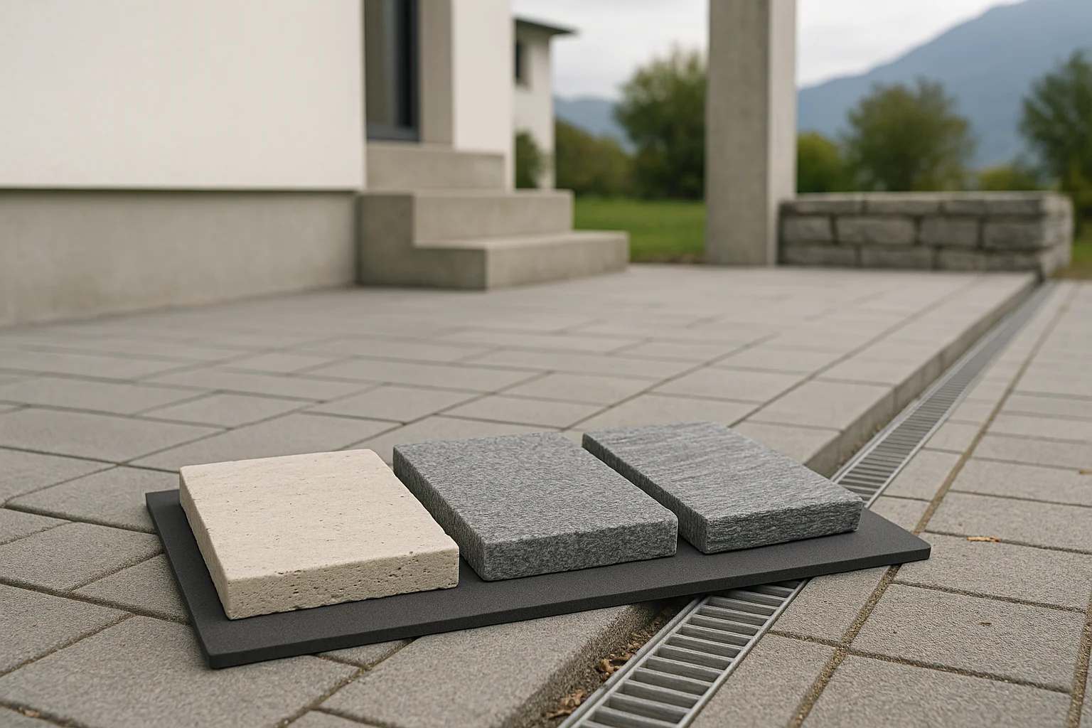 Drei Natursteinplatten aus Travertin, Granit und Gneis im Vergleich für das Projektgeschäft