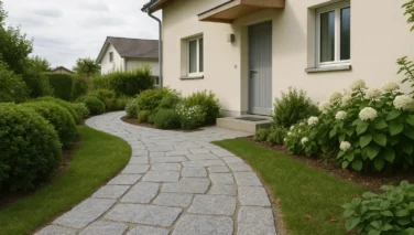 Modern gestalteter Vorgarten mit Natursteinweg, Beeteinfassung und gepflegtem Hauseingang